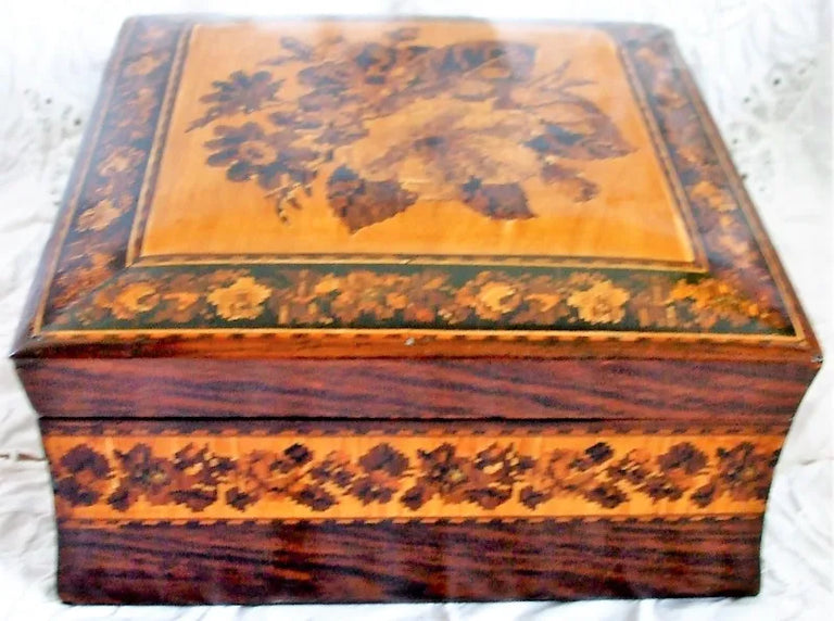 Antique English Victorian Tunbridge Ware Handkerchief Box