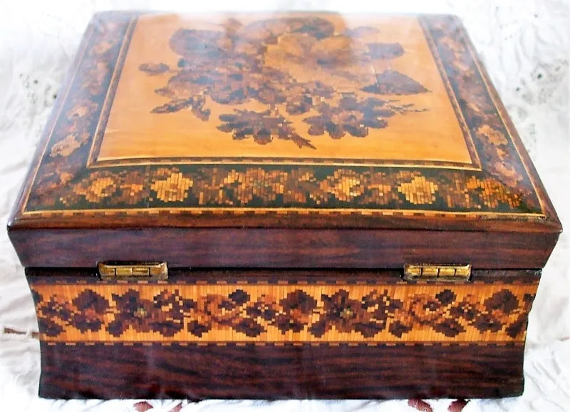 Antique English Victorian Tunbridge Ware Handkerchief Box
