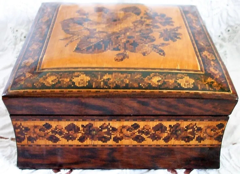 Antique English Victorian Tunbridge Ware Handkerchief Box