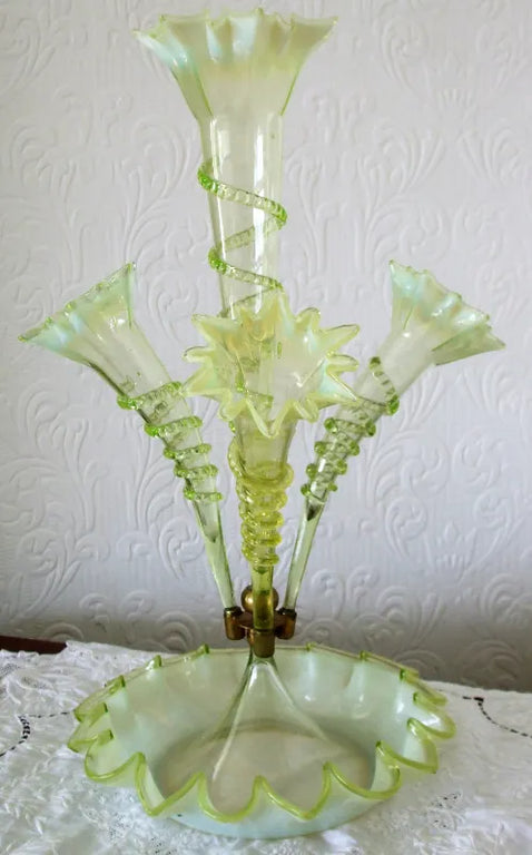 Antique English Victorian Green Vaseline Glass Epergne