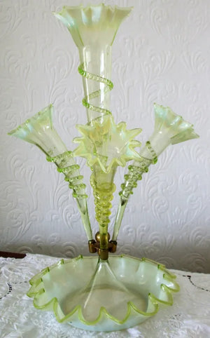 Antique English Victorian Green Vaseline Glass Epergne