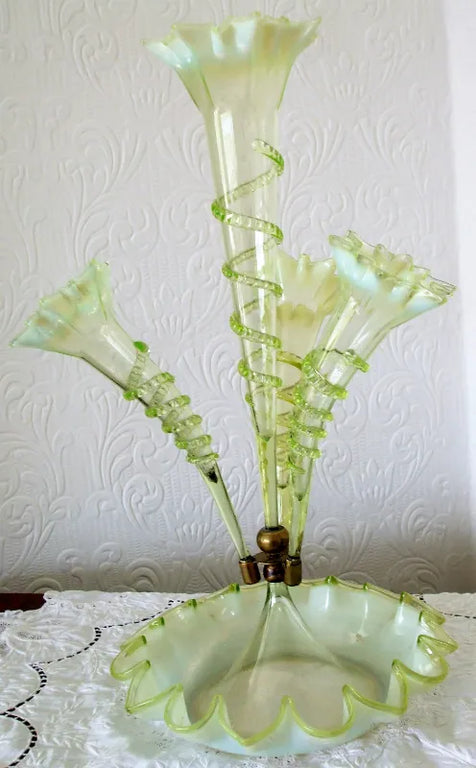 Antique English Victorian Green Vaseline Glass Epergne