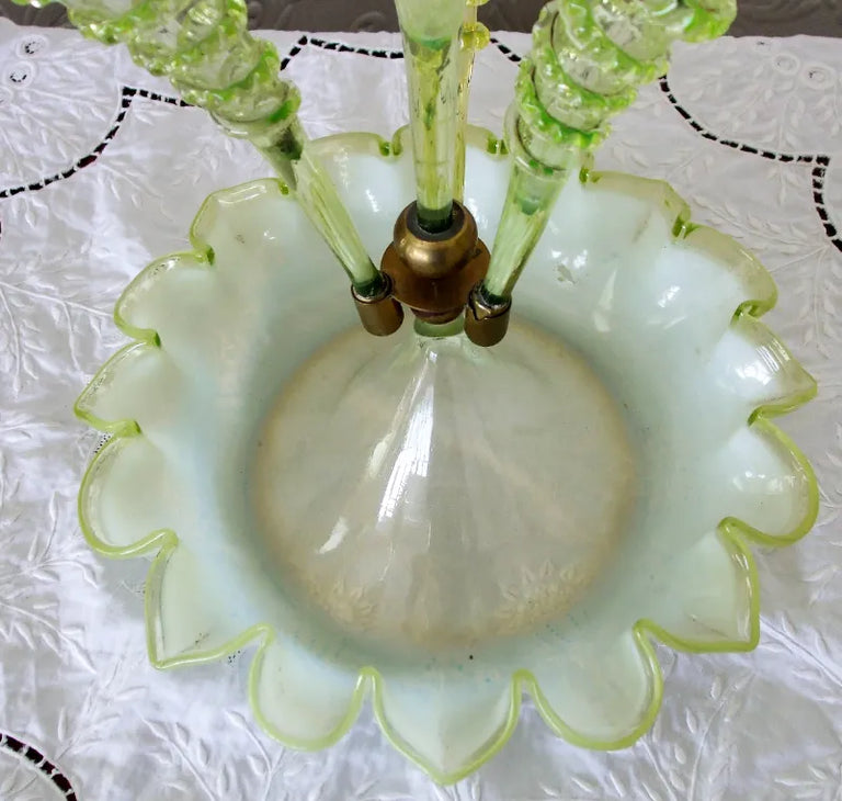Antique English Victorian Green Vaseline Glass Epergne