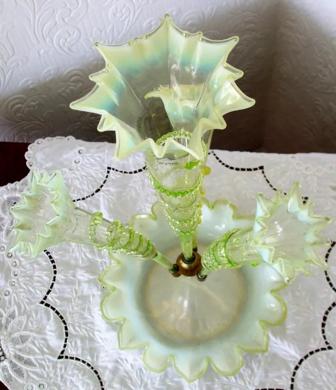 Antique English Victorian Green Vaseline Glass Epergne