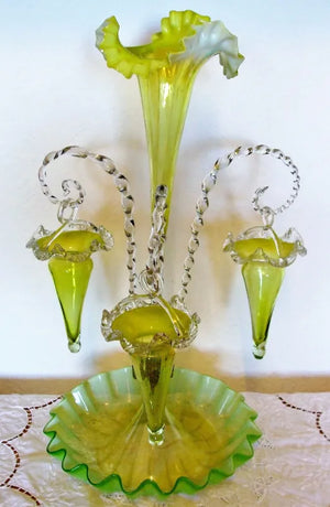 Antique English Victorian Green Vaseline Glass Epergne