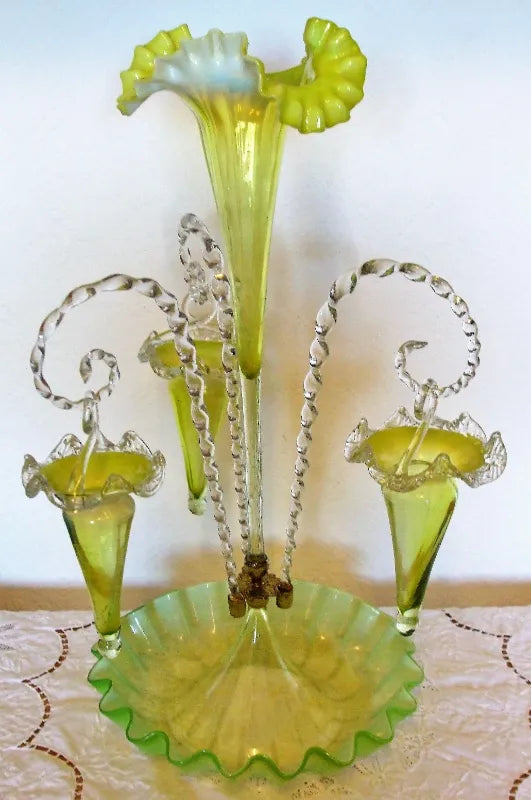 Antique English Victorian Green Vaseline Glass Epergne