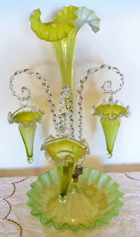 Antique English Victorian Green Vaseline Glass Epergne