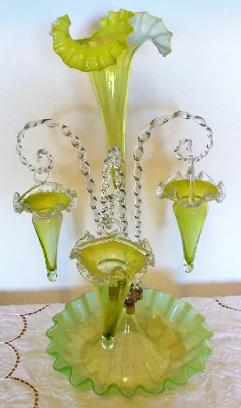 Antique English Victorian Green Vaseline Glass Epergne