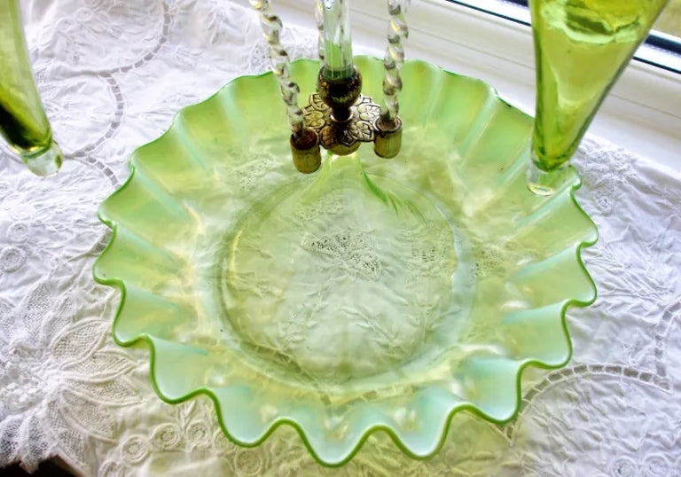 Antique English Victorian Green Vaseline Glass Epergne