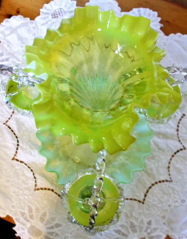 Antique English Victorian Green Vaseline Glass Epergne