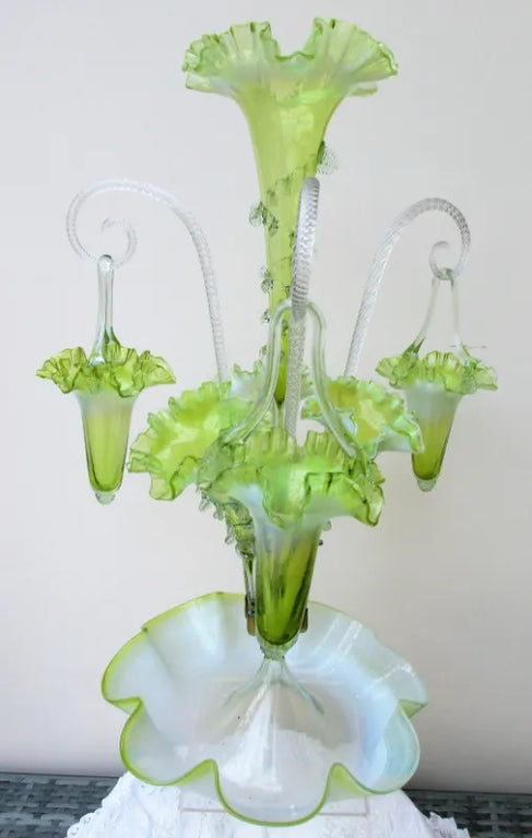 Antique English Victorian Green Vaseline Glass Epergne