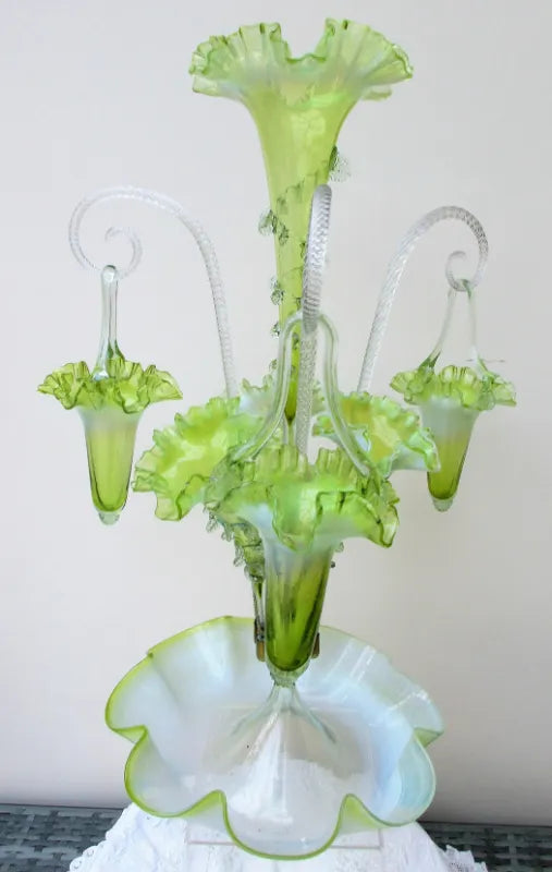 Antique English Victorian Green Vaseline Glass Epergne