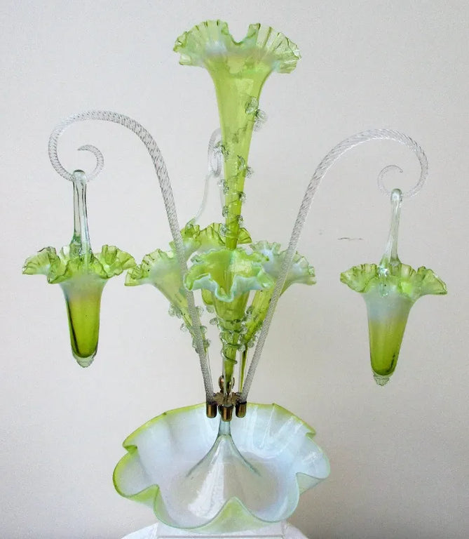 Antique English Victorian Green Vaseline Glass Epergne