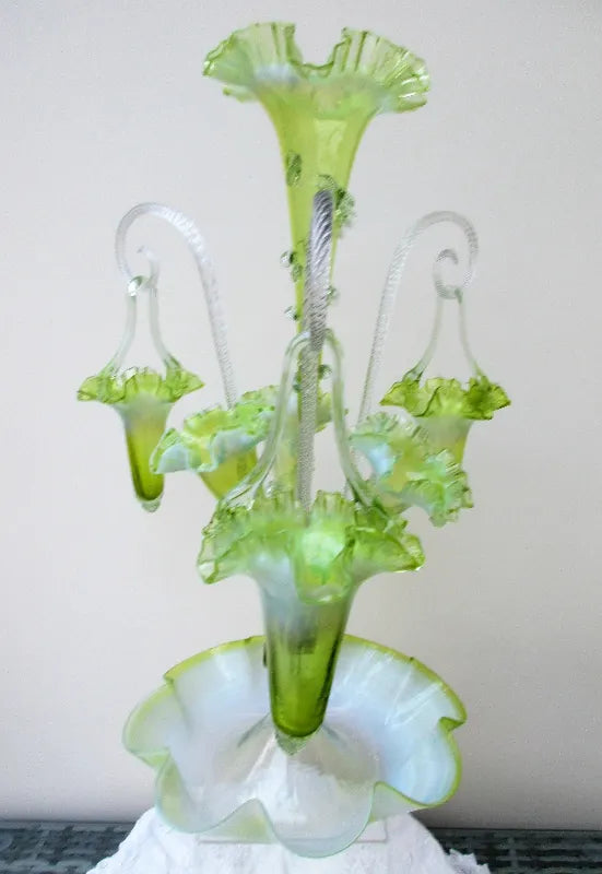 Antique English Victorian Green Vaseline Glass Epergne