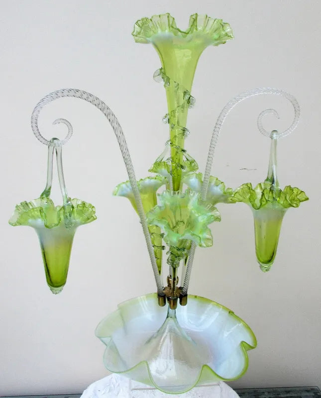 Antique English Victorian Green Vaseline Glass Epergne