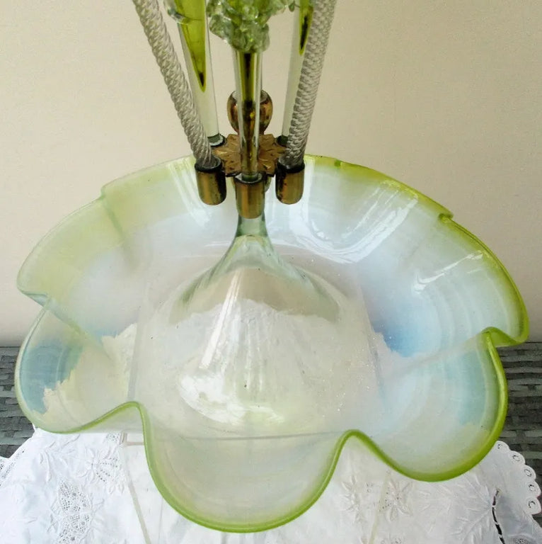 Antique English Victorian Green Vaseline Glass Epergne
