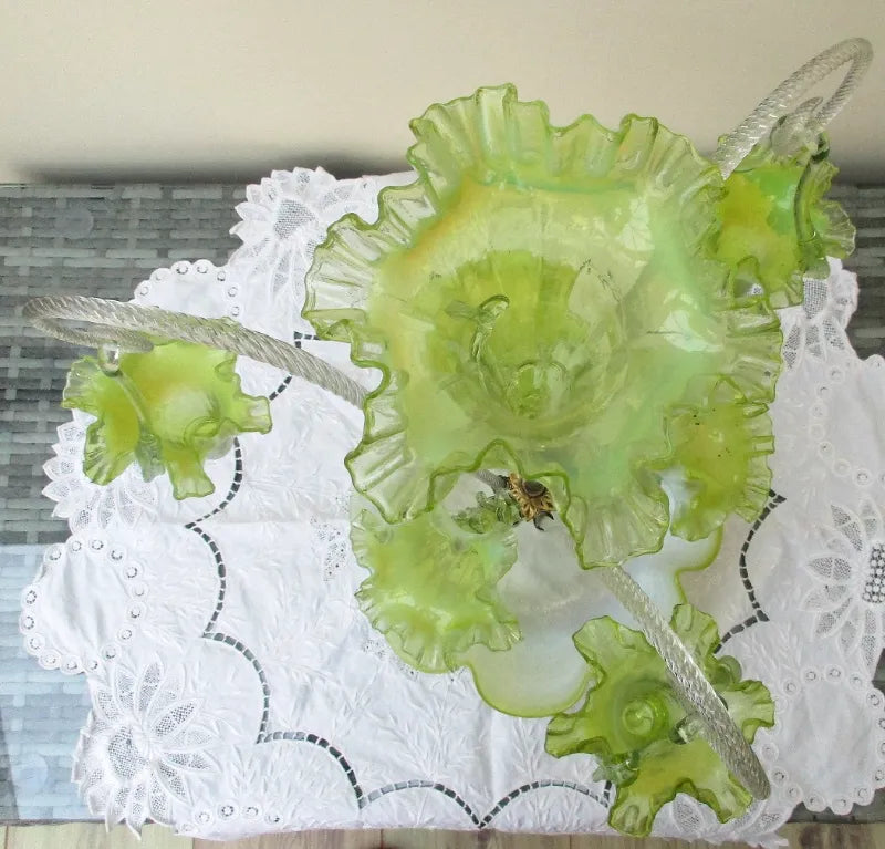Antique English Victorian Green Vaseline Glass Epergne