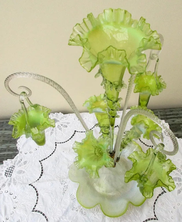 Antique English Victorian Green Vaseline Glass Epergne