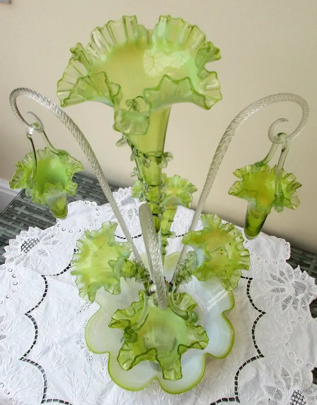 Antique English Victorian Green Vaseline Glass Epergne