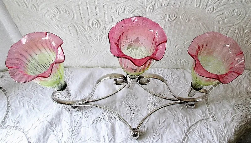 Antique Victorian Vaseline Glass & Silver Plate Epergne