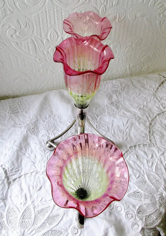Antique Victorian Vaseline Glass & Silver Plate Epergne