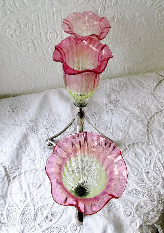 Antique Victorian Vaseline Glass & Silver Plate Epergne