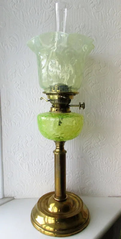 Antique English Victorian Vaseline Glass Oil Lamp