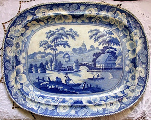 Victorian Blue & White Transfer "Wild Rose" Platter
