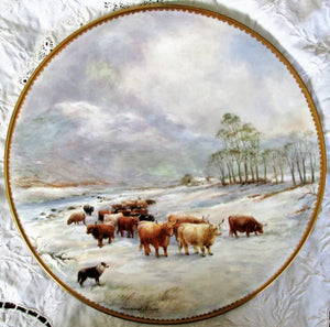Porcelain Cake / Cheese Stand ~ "Winter Scene with Highland Cattle"