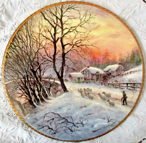 Porcelain Cake / Cheese Stand ~ "Winter Sunset with Sheep"